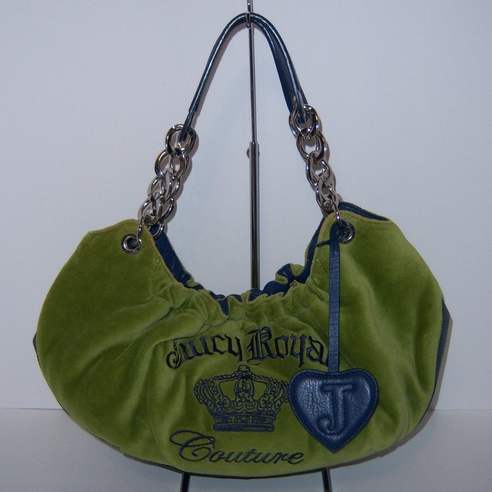 Vintage Juicy Couture Green Navy Velour Fluffy Royal Bubble Bag Y2K Rare